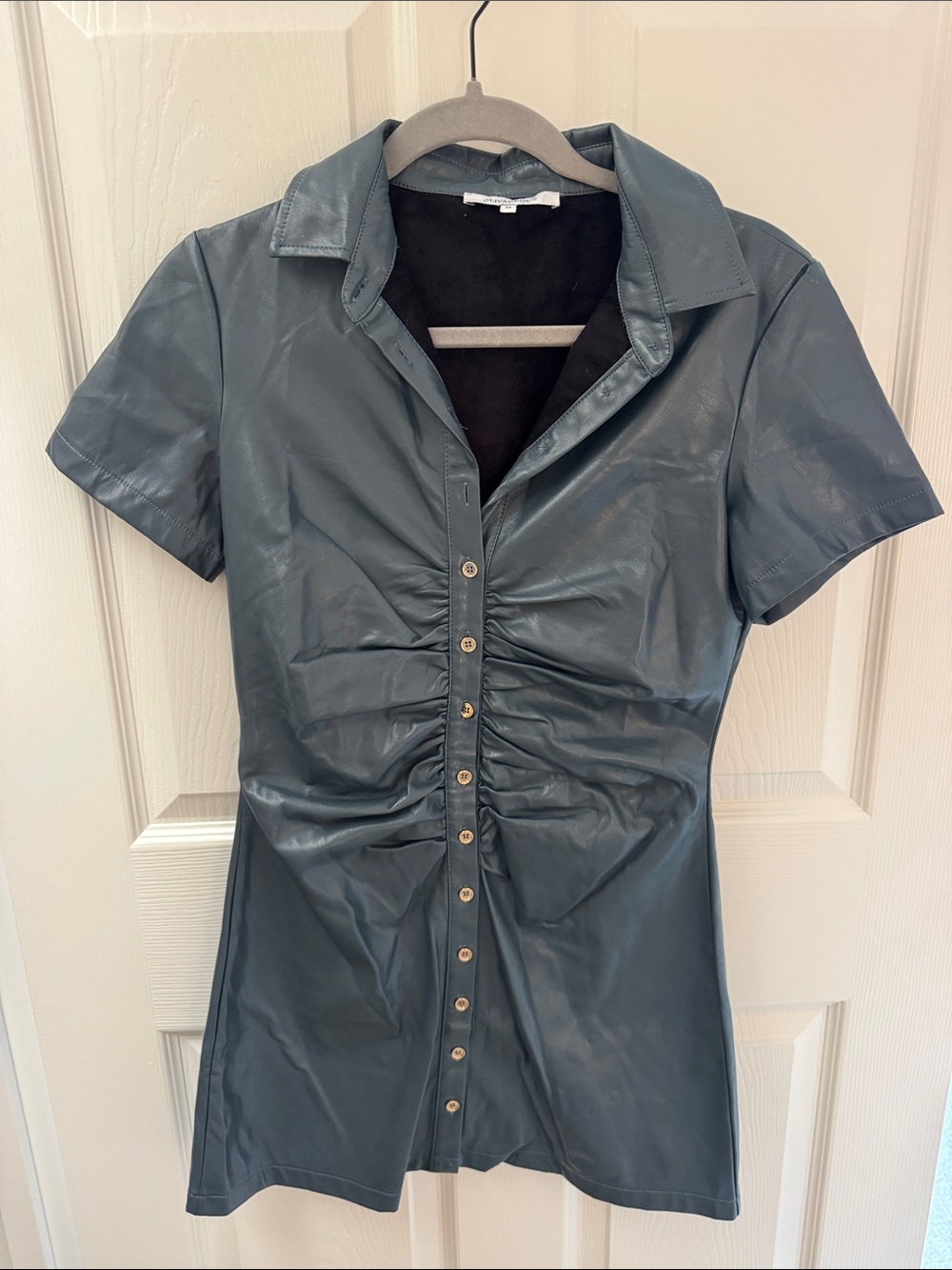 Olivaceous Women's Faux Leather Button-Front Dress - Slate Blue